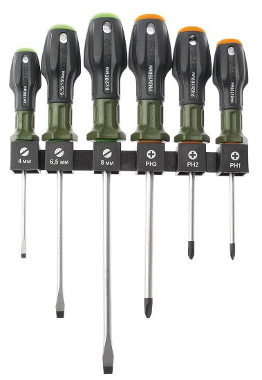 Набор отвёрток c трехкомпонентными рукоятками PH, SL; 6 штук